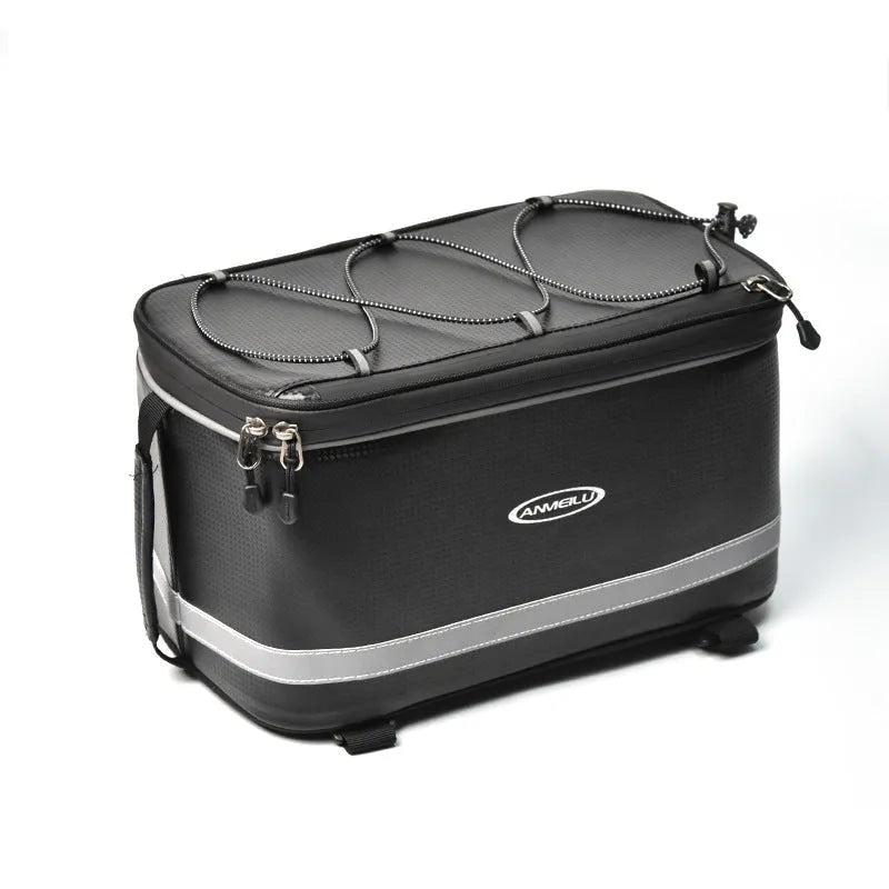 Black waterproof bicycle rack bag with 12L capacity for vehicle mountain equipment transport
