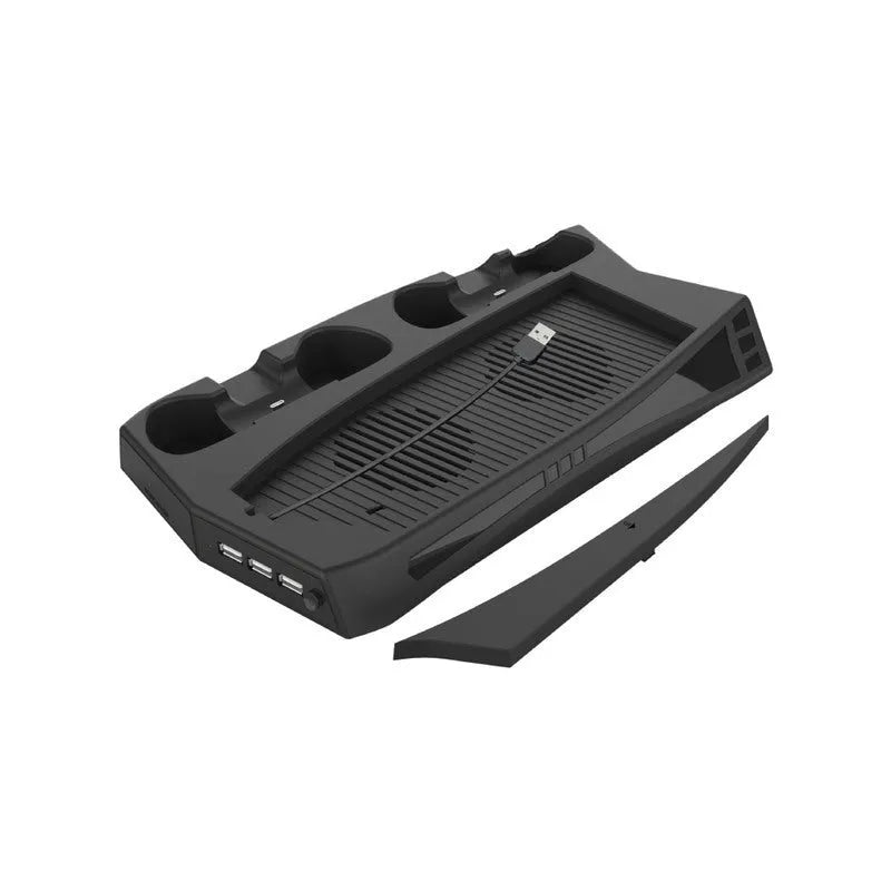 Black PS5 cooling and charging base station with two controller docks, USB ports, and a cooling fan.