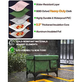 Green foldable cat cage with removable cloth cover, shown in a garden setting.