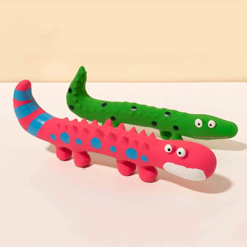 Green cartoon lizard-shaped dog chew toy with textured surface for teeth cleaning.