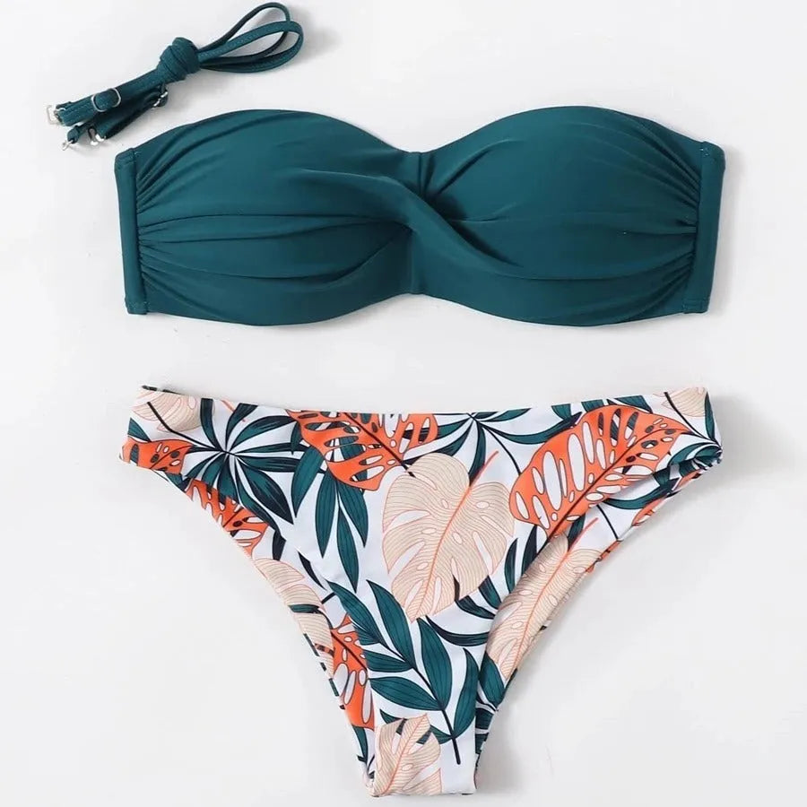 Women's fluorescent green push up bikini set with hard cup top and matching split brief bottoms