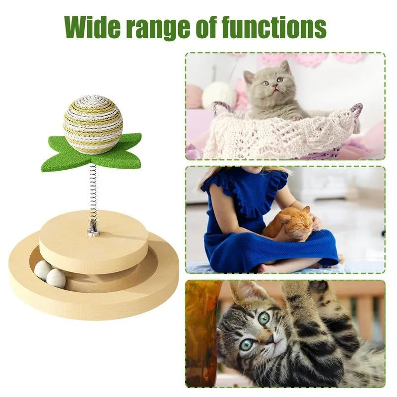 Green sisal cat scratching pad with ball track and two-layer turntable interactive toy