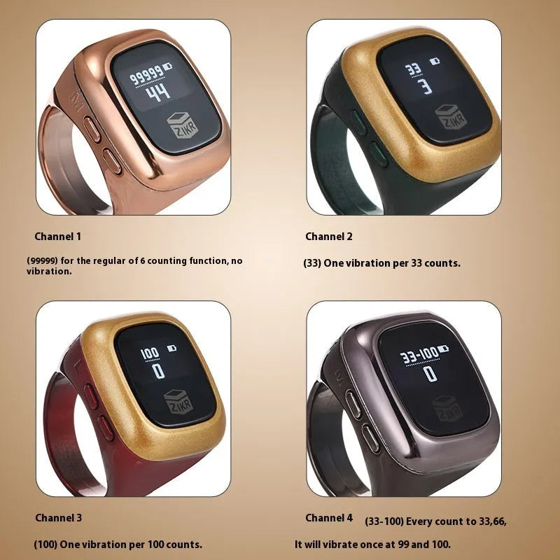 Al-Fatiha Zikr electronic counter with digital display on wrist, shown in Black, Space Gray, and Rose Gold colour options.