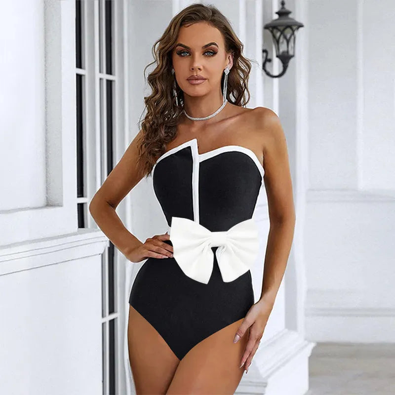 Black and white colour-block one-piece swimsuit with asymmetrical bow and irregular tube top for women