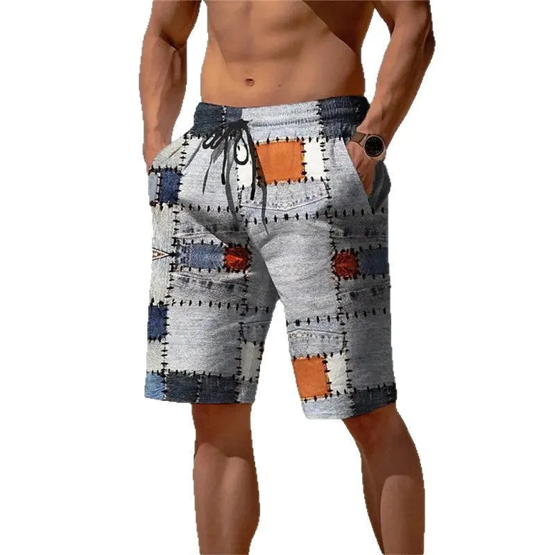 Men's 3D plaid mesh shorts in a loose fit, showing the patterned detail and elasticated waist.