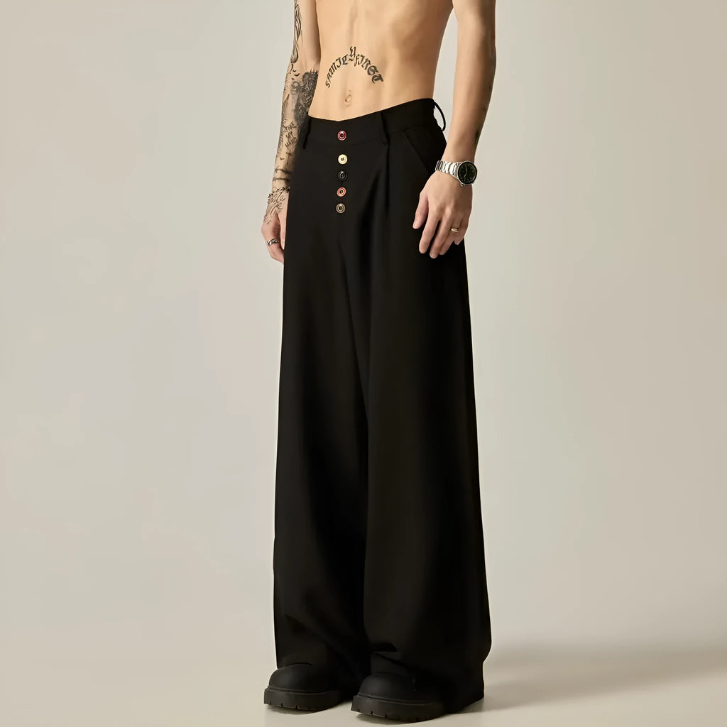 Men's black cotton blend straight-leg wide casual trousers with an elastic mid waist.