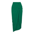 Women's one-piece swimsuit with gauze skirt in polyester, shown in double shoulder and oblique shoulder styles.