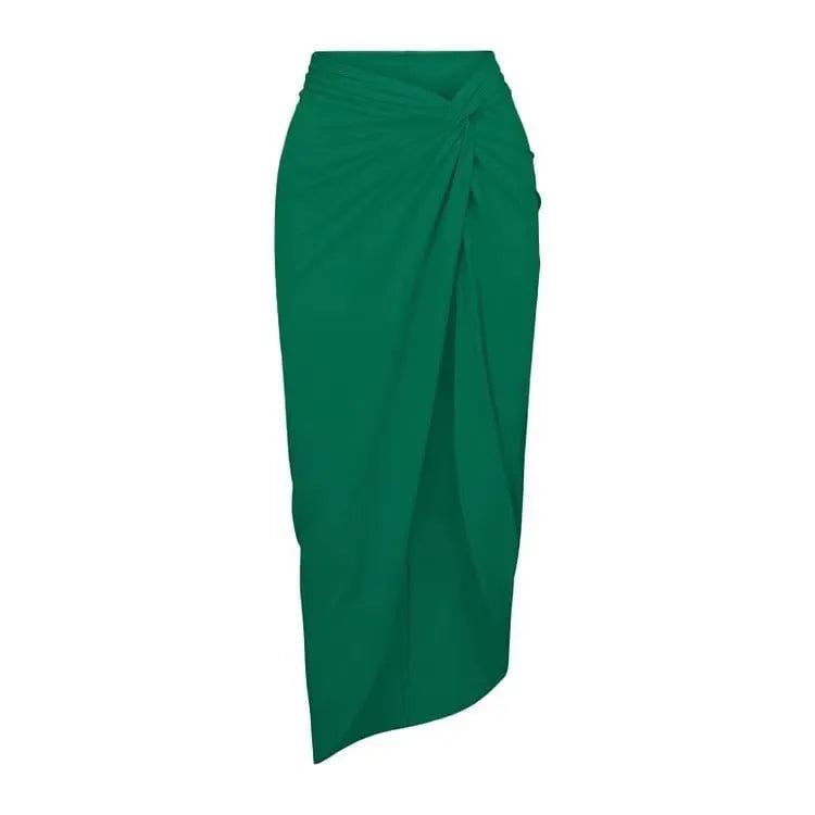 Women's one-piece swimsuit with gauze skirt in polyester, shown in double shoulder and oblique shoulder styles.