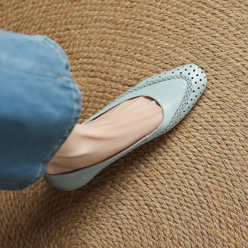Women's shallow mouth hollow-out round toe mid heel sandals in sheepskin with beef tendon sole