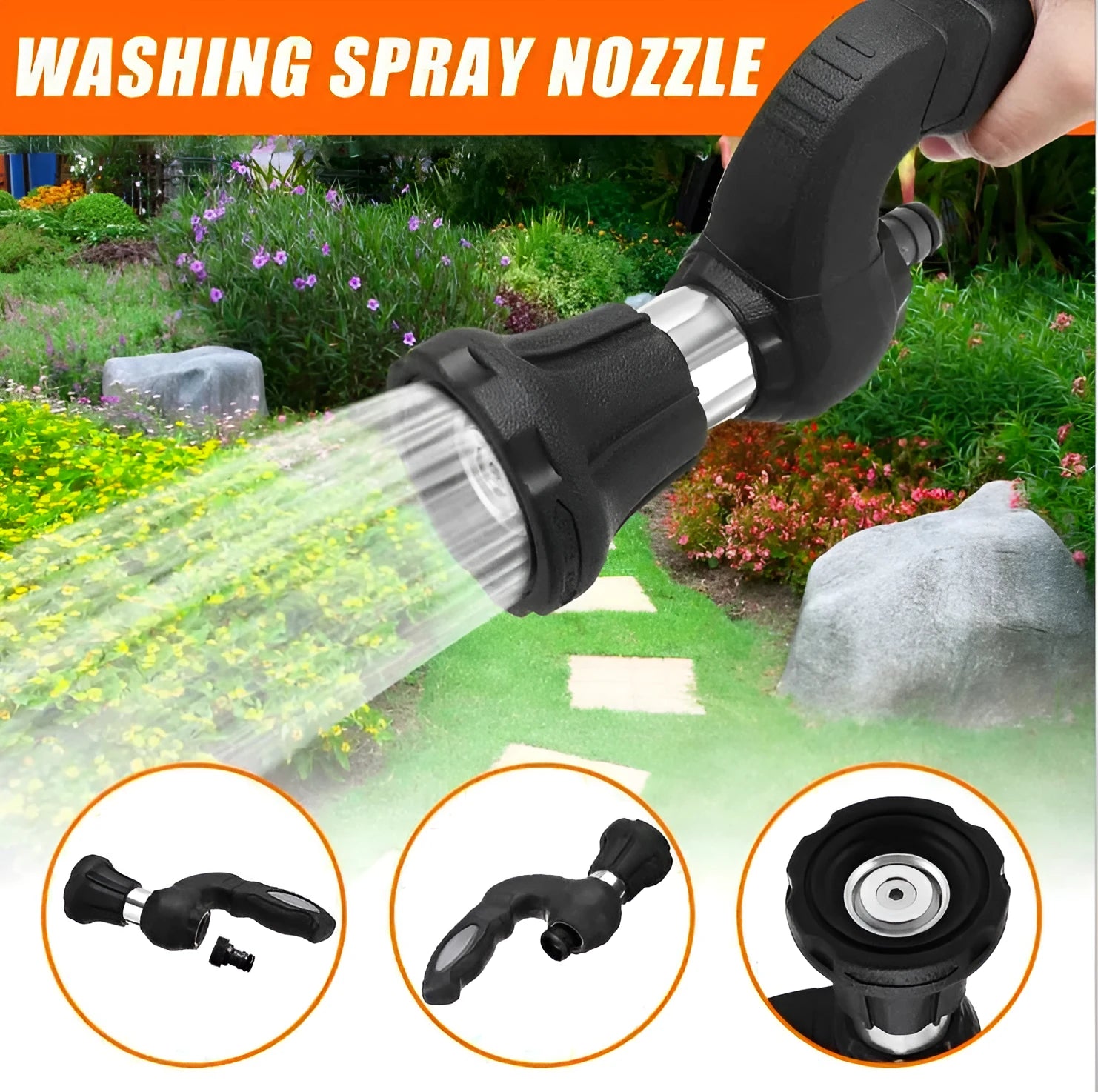 Handheld high pressure water spray gun in black with aluminum alloy head and ABS handle