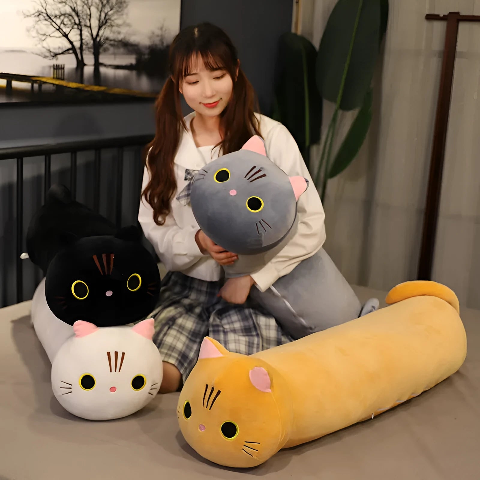 Large cartoon cat plush toy stuffed with PP cotton available in multiple sizes and colours