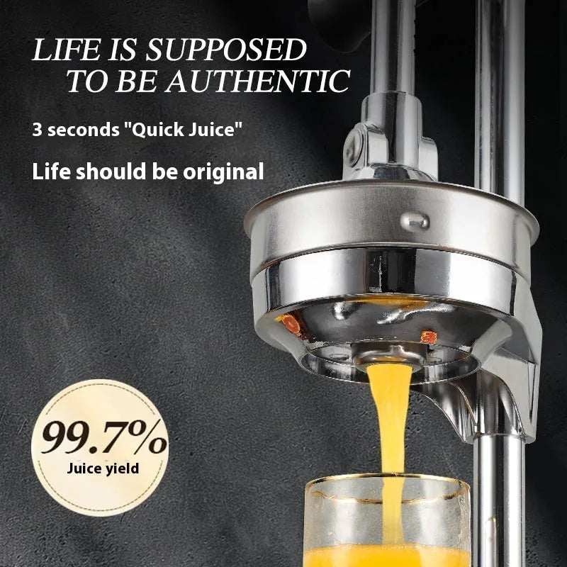 Vertical stainless steel manual juicer in five colour options with three tip style choices