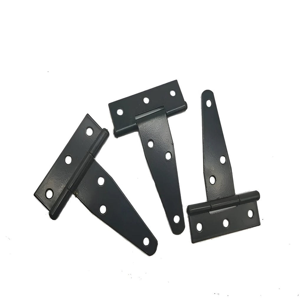Fixed iron T-hinge for wooden doors and outdoor gates, shown in built-in installation position.