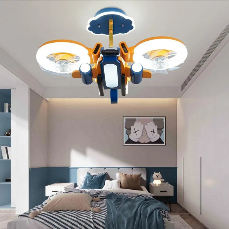 Yellow and blue ceiling fan light with acrylic lampshade and metal blades, remote control on side