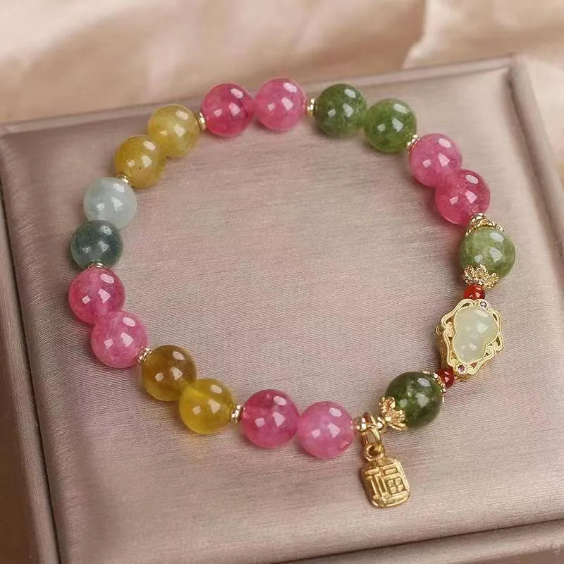 Colourful tourmaline gourd blessing card bracelet for women with electroplated finish.