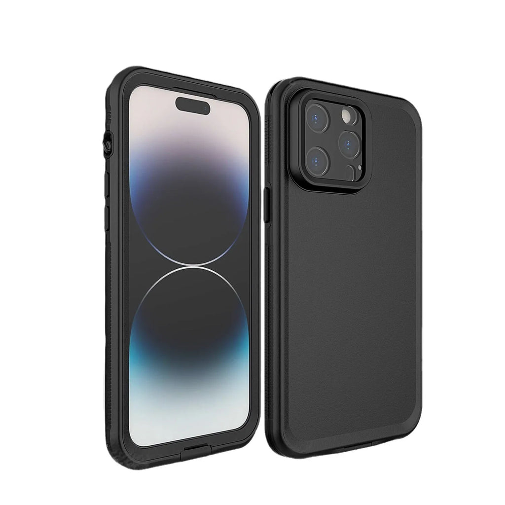 Black frosted TPU waterproof anti-fall protective case for iPhone, shown alongside optional pink and blue colour variants.