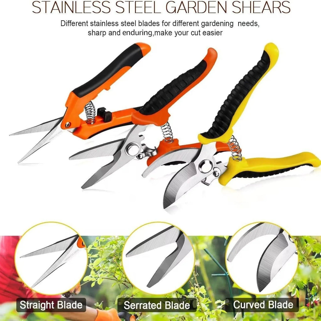 Set of three stainless steel pruning shears in yellow and orange with straight heads on white background