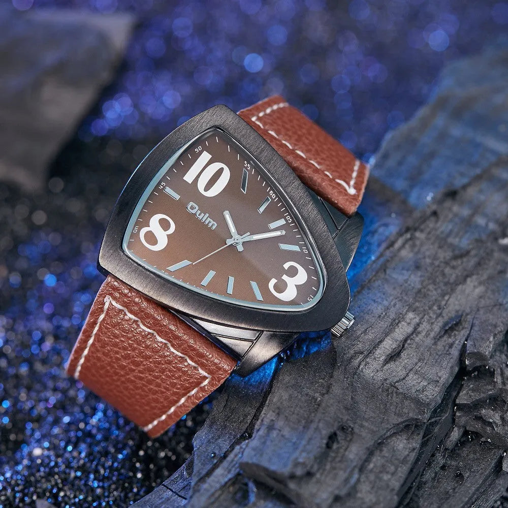 Men's casual triangle belt quartz watch in three colour options with 9mm slim profile