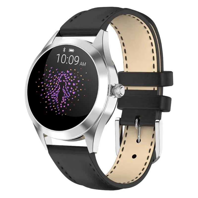 Women's fashion smartwatch with heart rate monitor on wrist in black colour option
