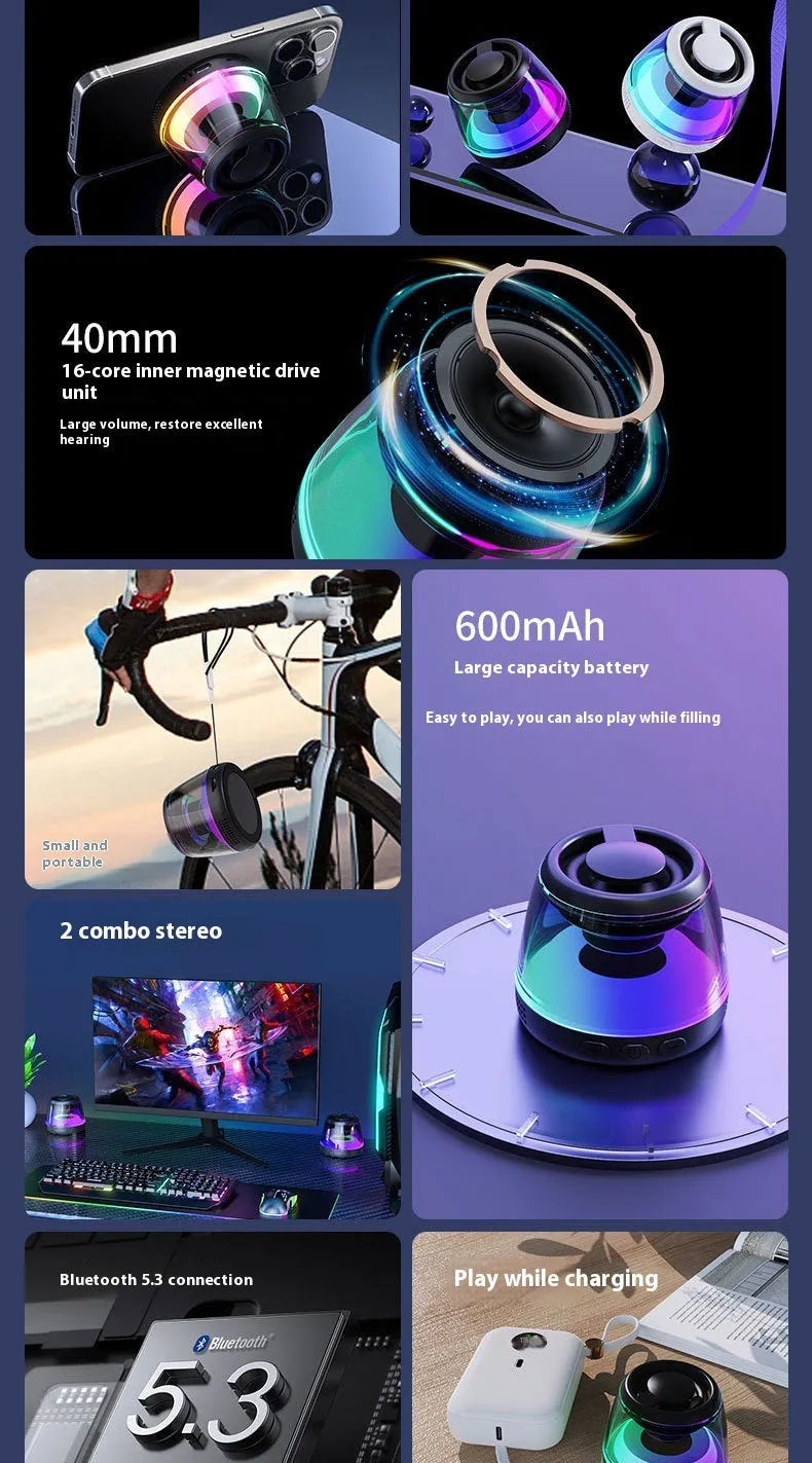 Black portable Bluetooth mini speaker with ambient light on a metallic surface, showing its magnetic base.