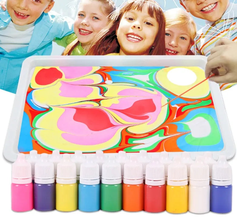 Hand painted doodle educational toys art kit with six gouache pigment pots, paper, and stirring rods.