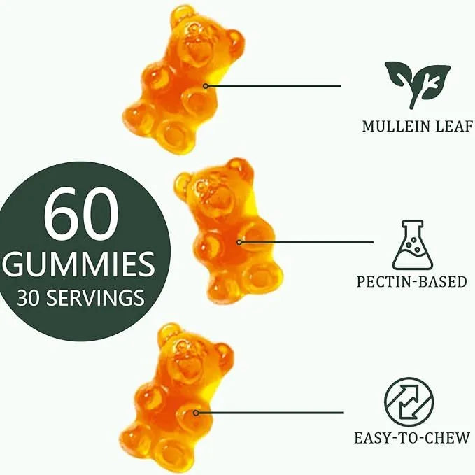 Bottle of 60 mullein gummies with pear flavour, vegan pectin base, 1,000 mg mullein extract per serving