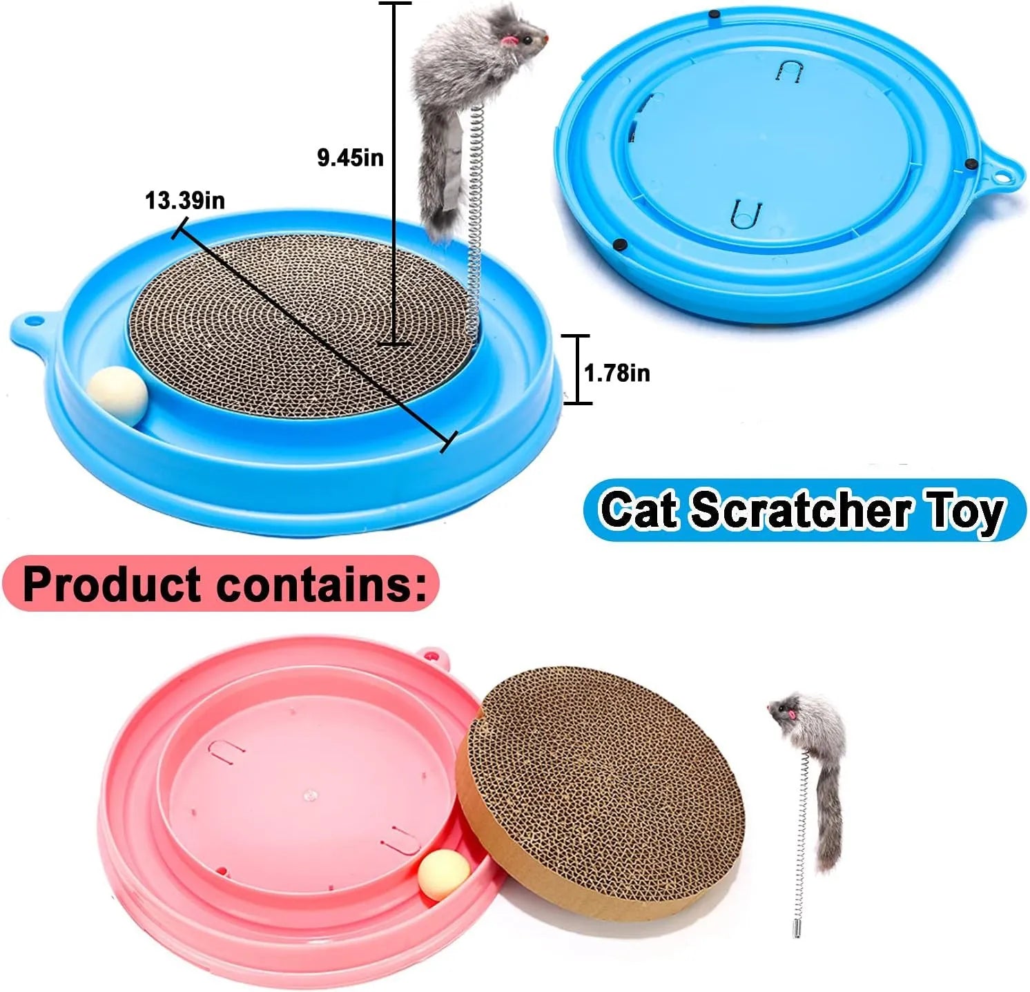 Blue cat scratcher toy with circular ball track and replaceable scratch pad