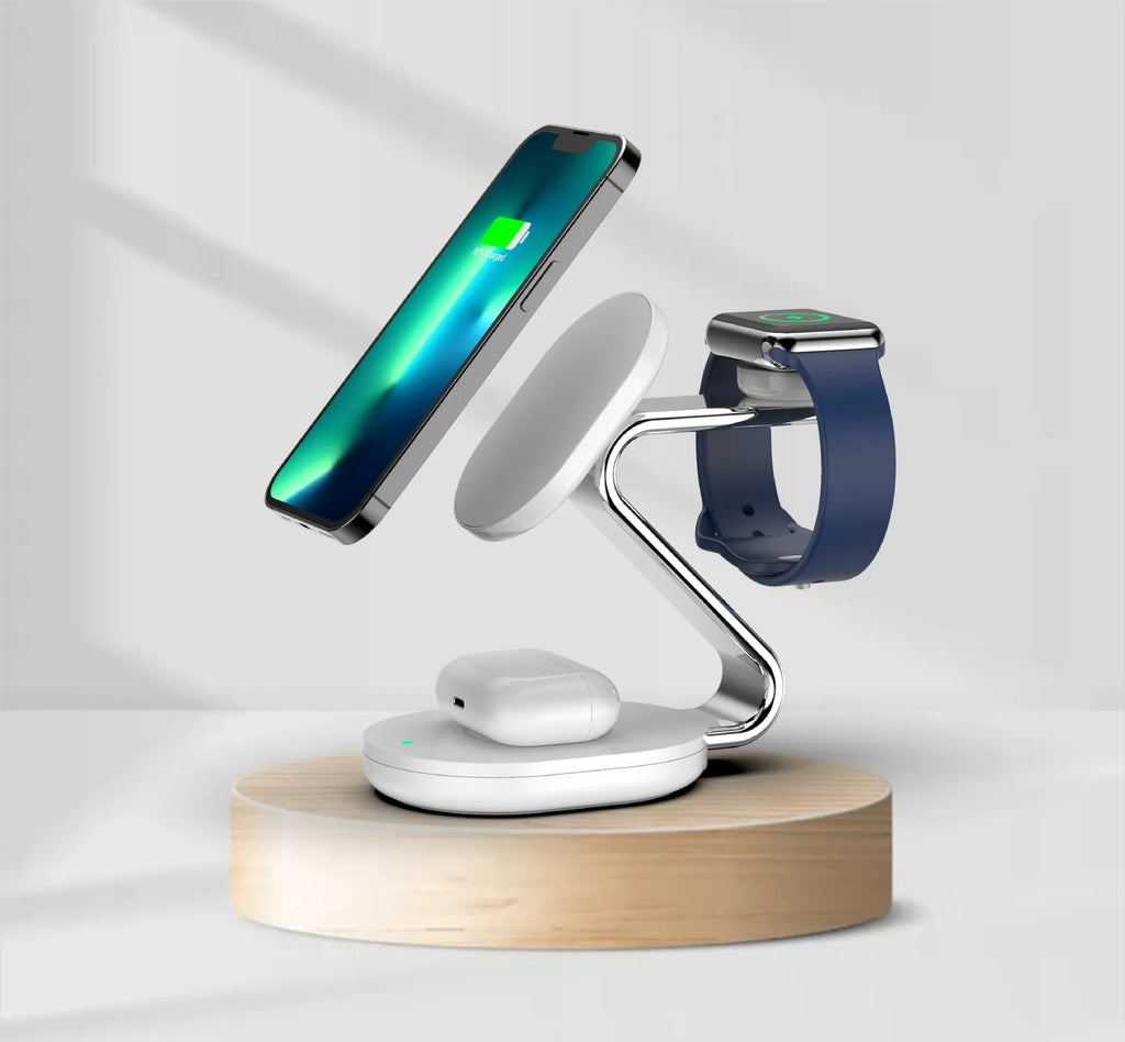 White plastic three-in-one magnetic wireless charger with indication function and USB interface