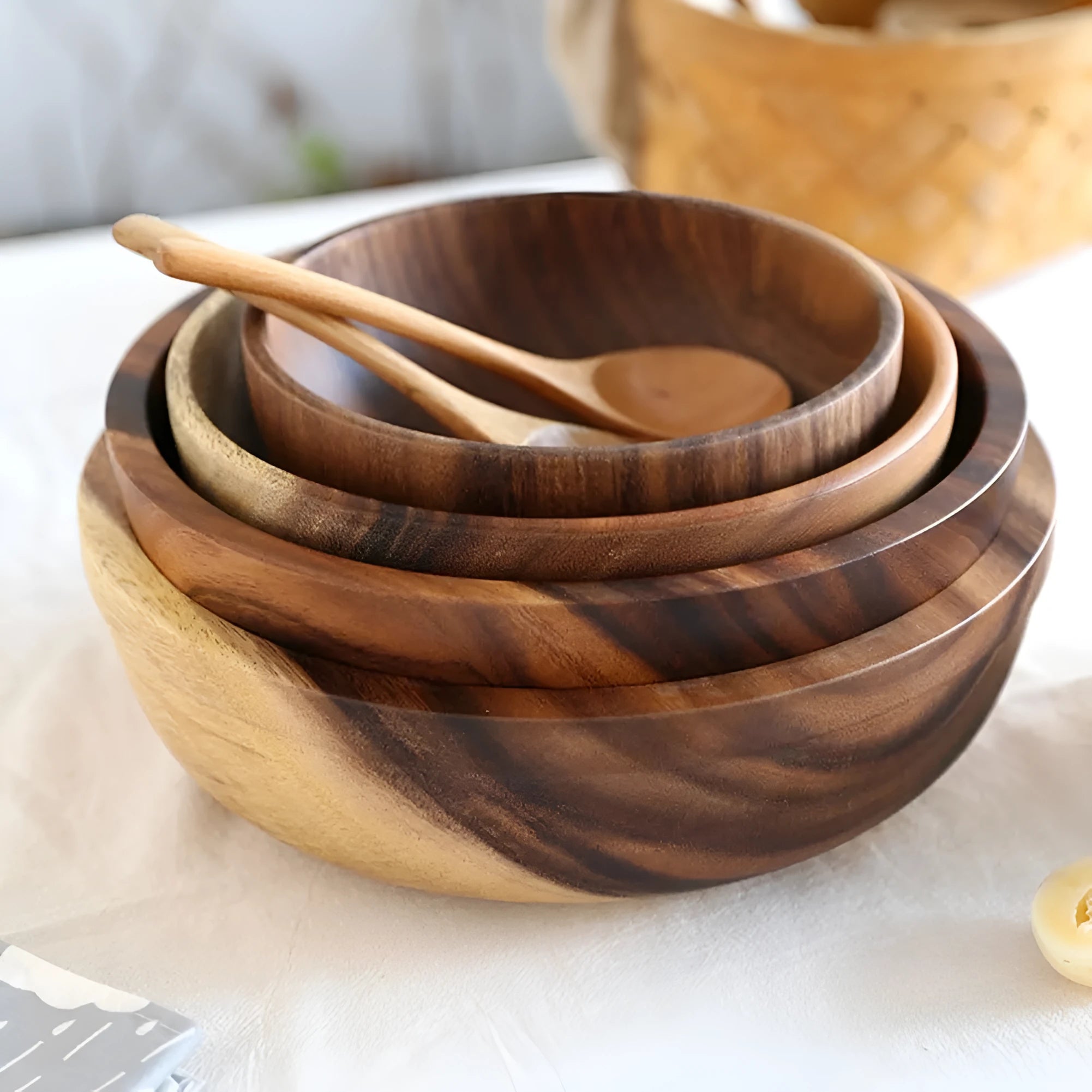 Natural brown wooden bowl with wood grain, overglaze finish, 12x6cm, on a table