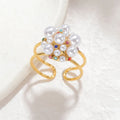 Women's adjustable open mouth ring with pearl and zircon stones on electroplated stainless steel