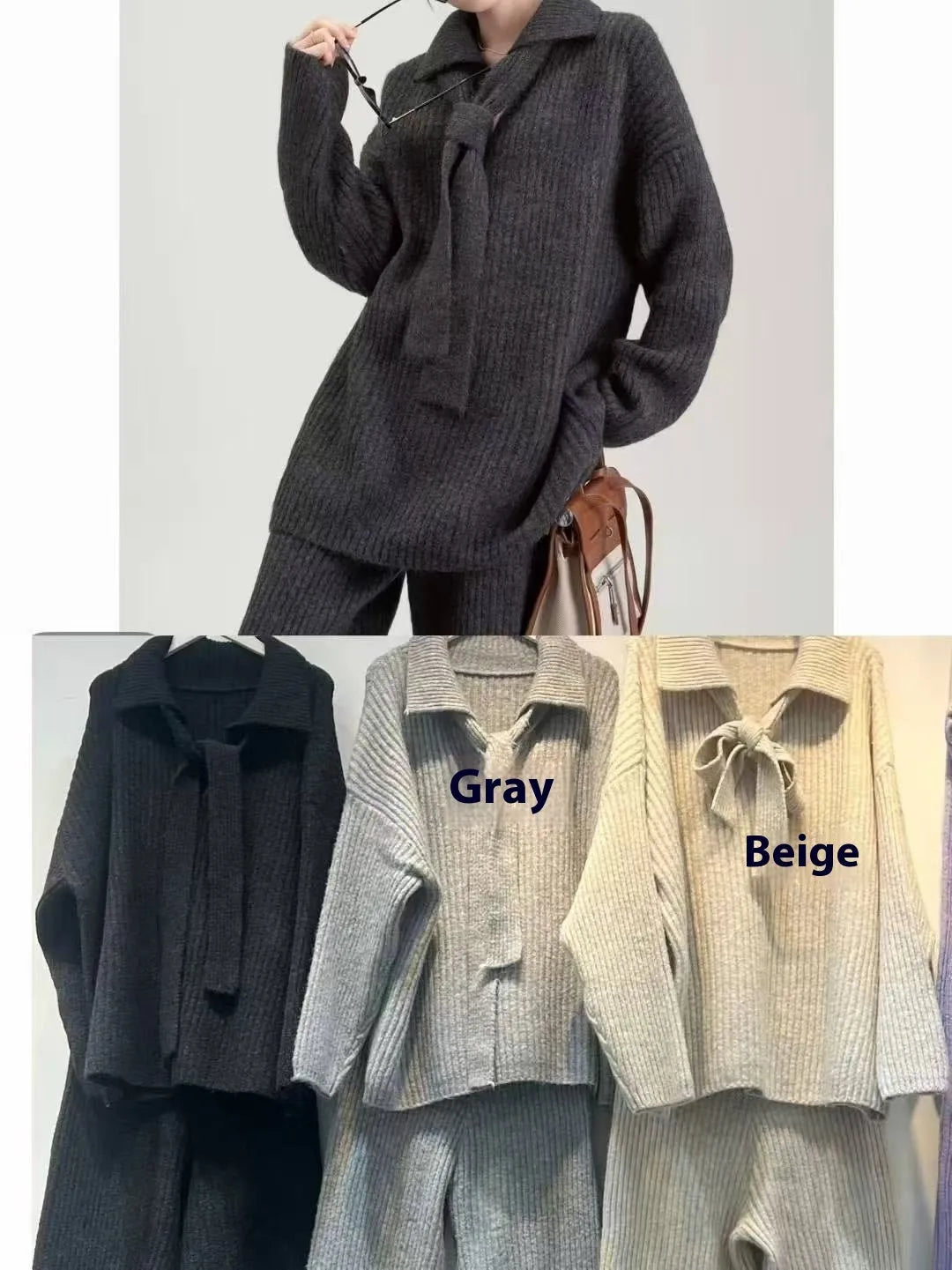 Beige acrylic fibre imitation cashmere sweater suit two-piece set with long sleeve top and trousers.