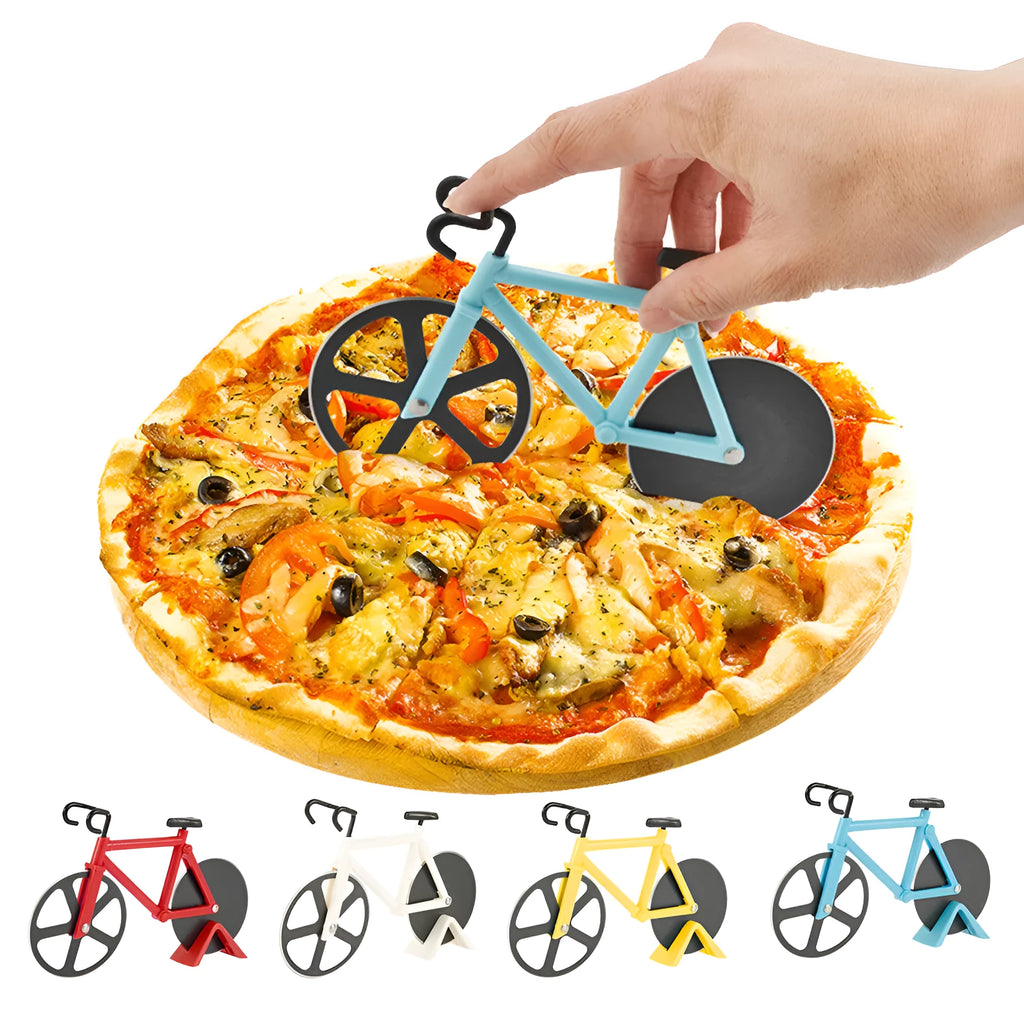 Bicycle-shaped pizza cutter with stainless steel blade and hand-grip handle on a cutting board