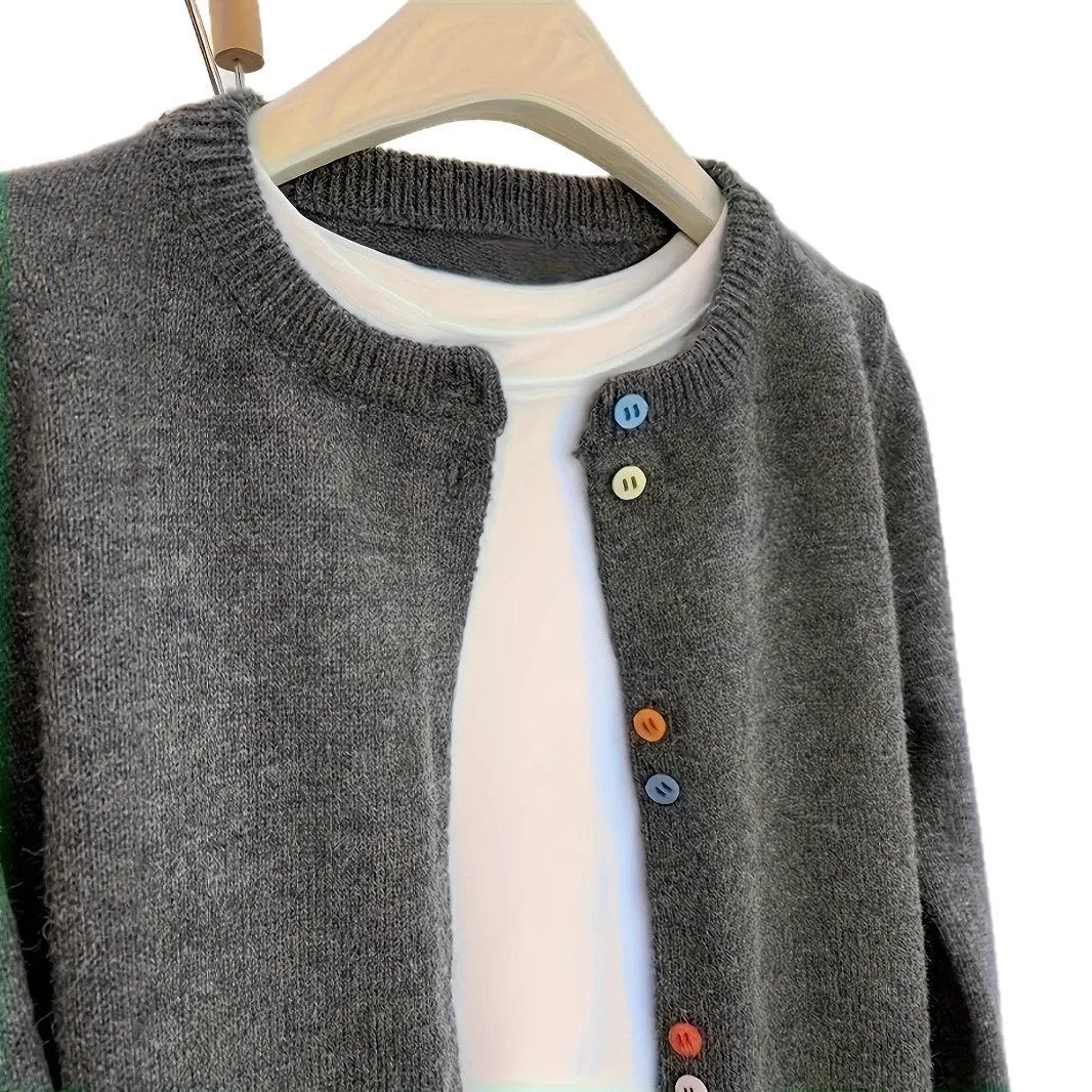 Dark grey women's button-front cardigan with long sleeves on a hanger.