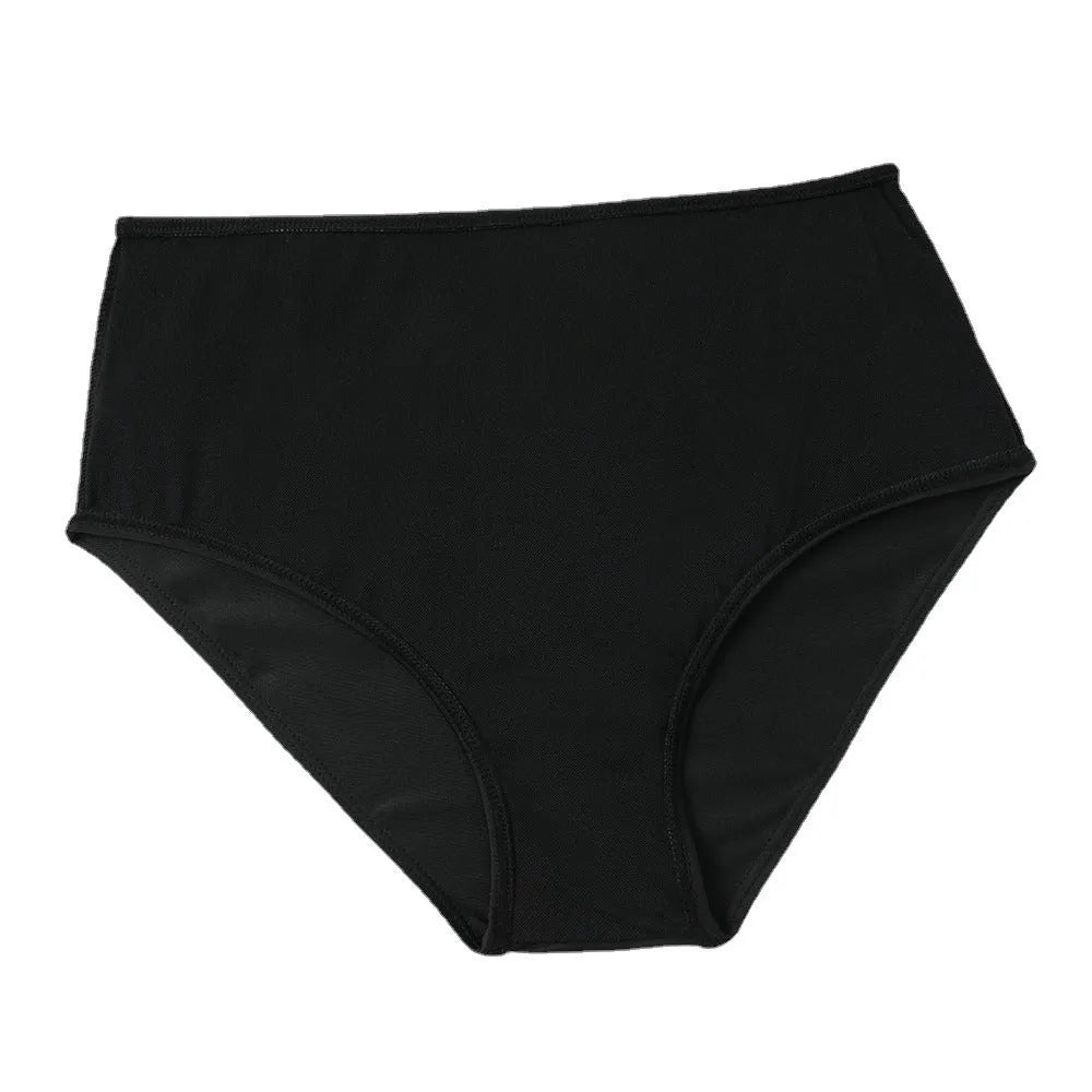 Women's high-waisted swimsuit set in black or coconut tree print, showing top and briefs.