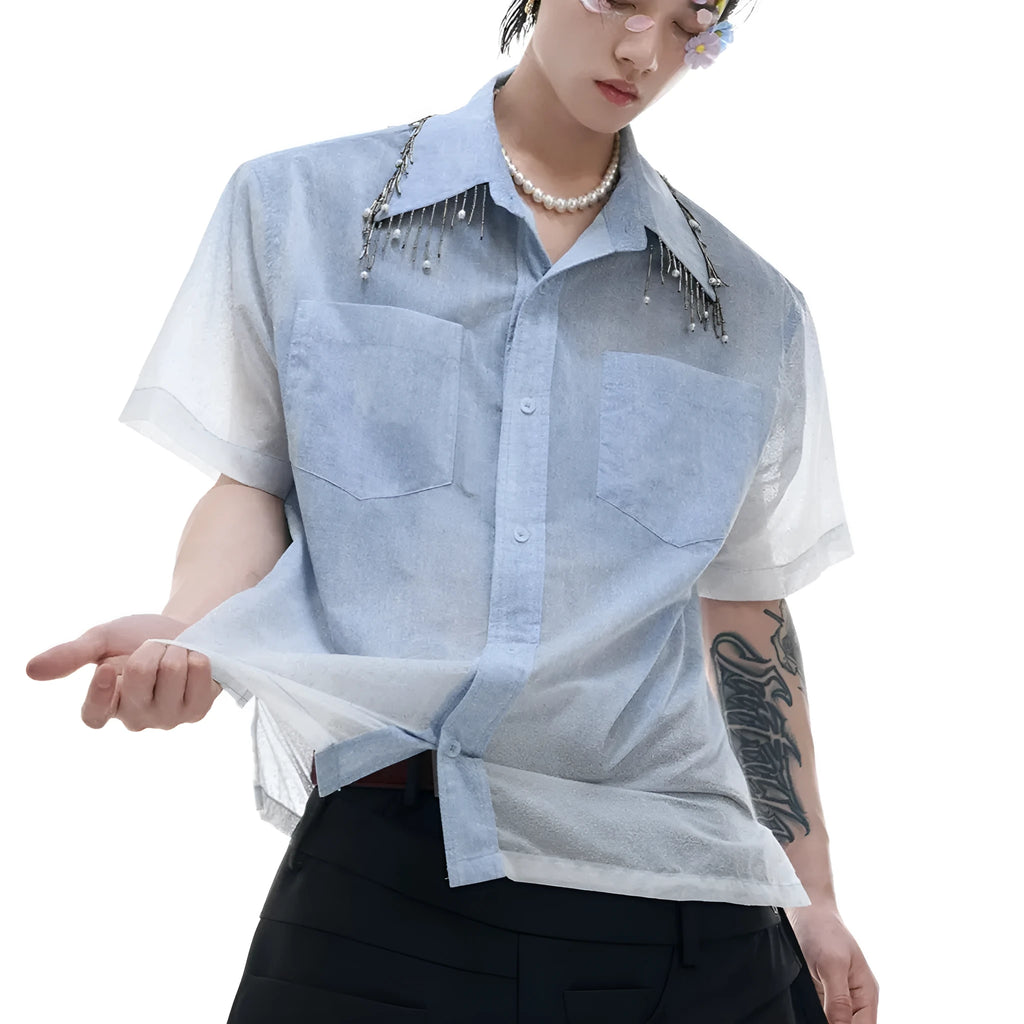 Men's blue and white gradient loose shirt with quilted texture details