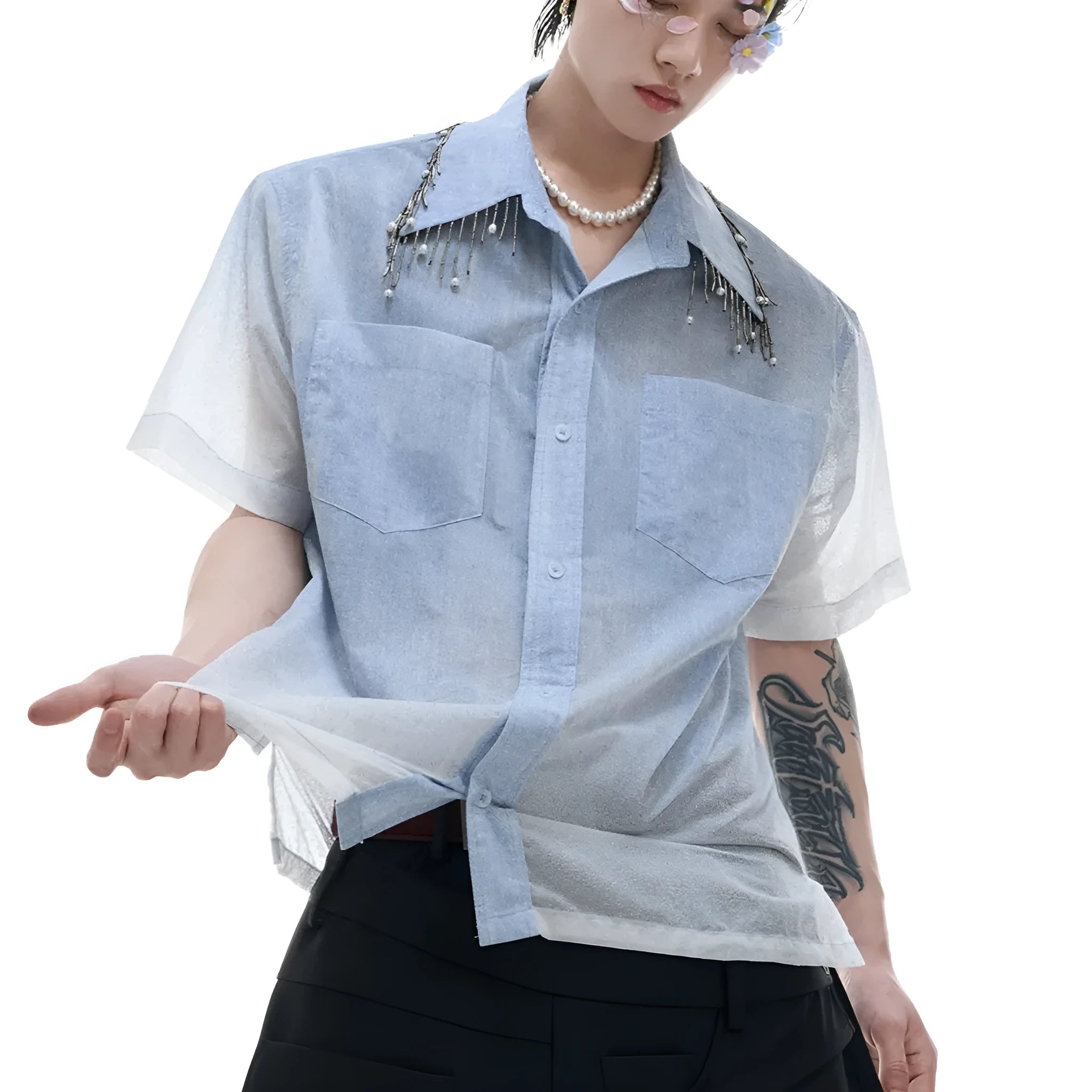 Men's blue and white gradient loose shirt with quilted texture details