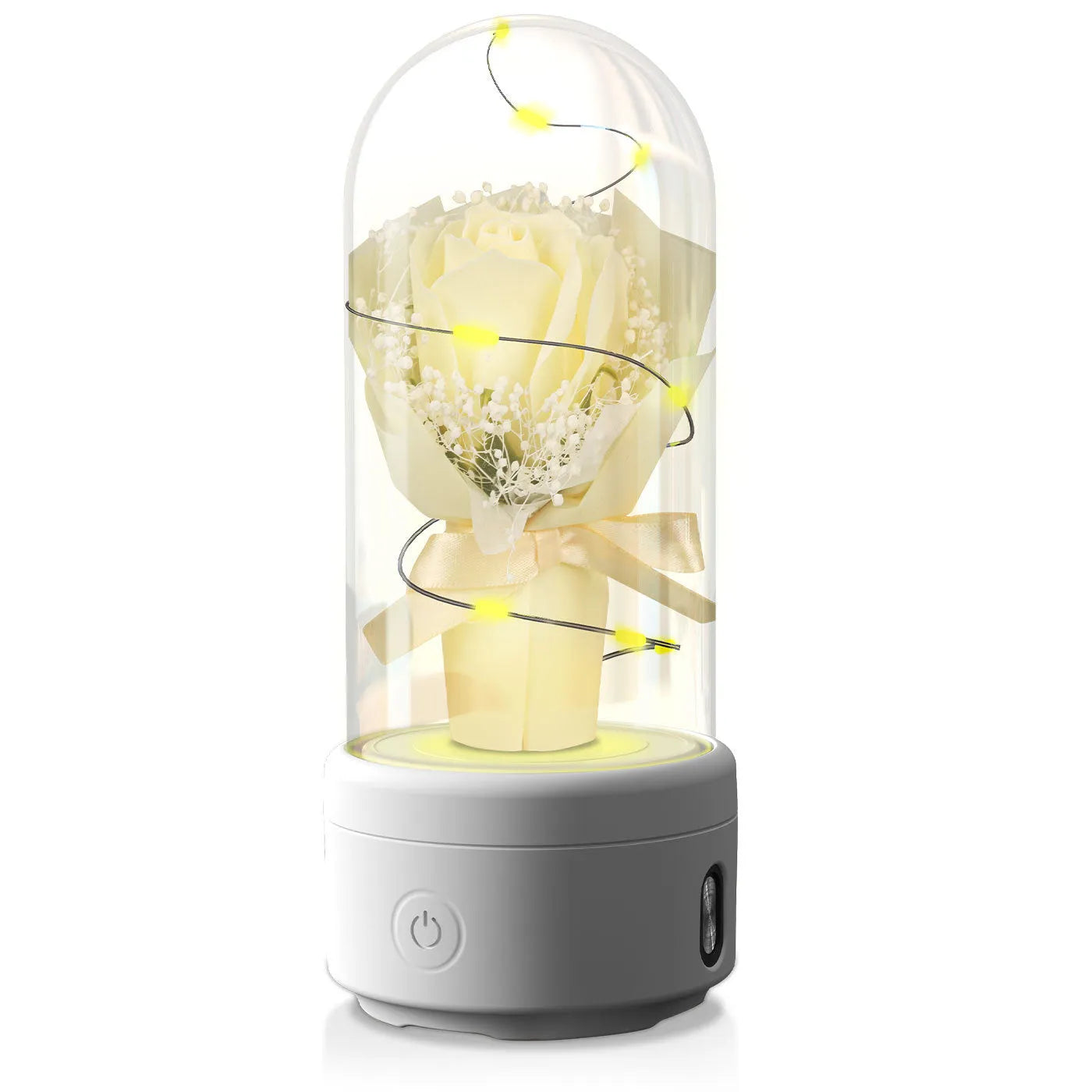 LED bouquet night light with Bluetooth speaker inside a glass cover on a black base.