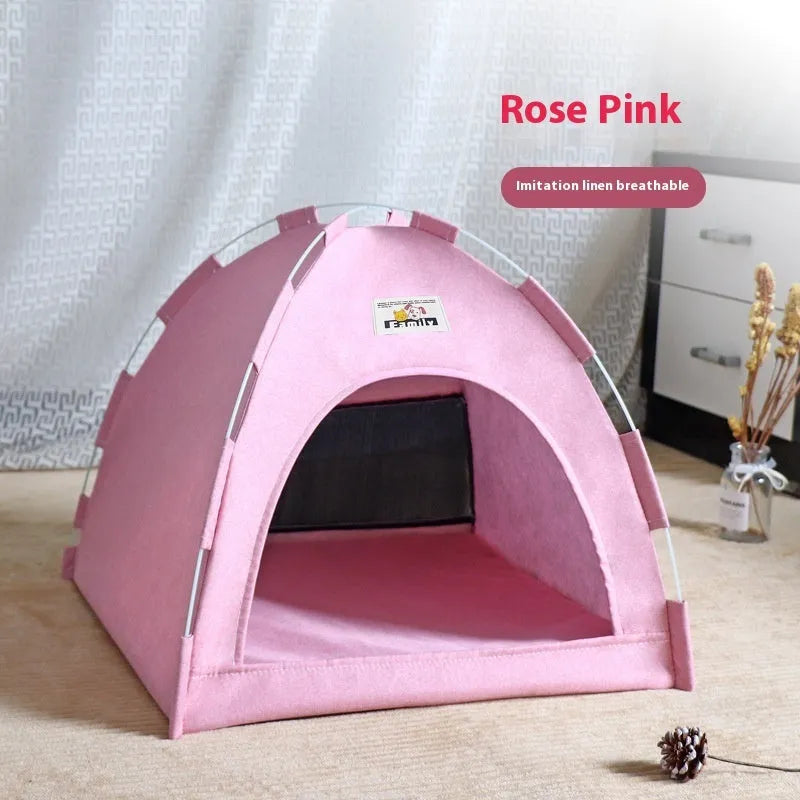 Grey tent-style pet bed for cats and small dogs with removable washable cover.