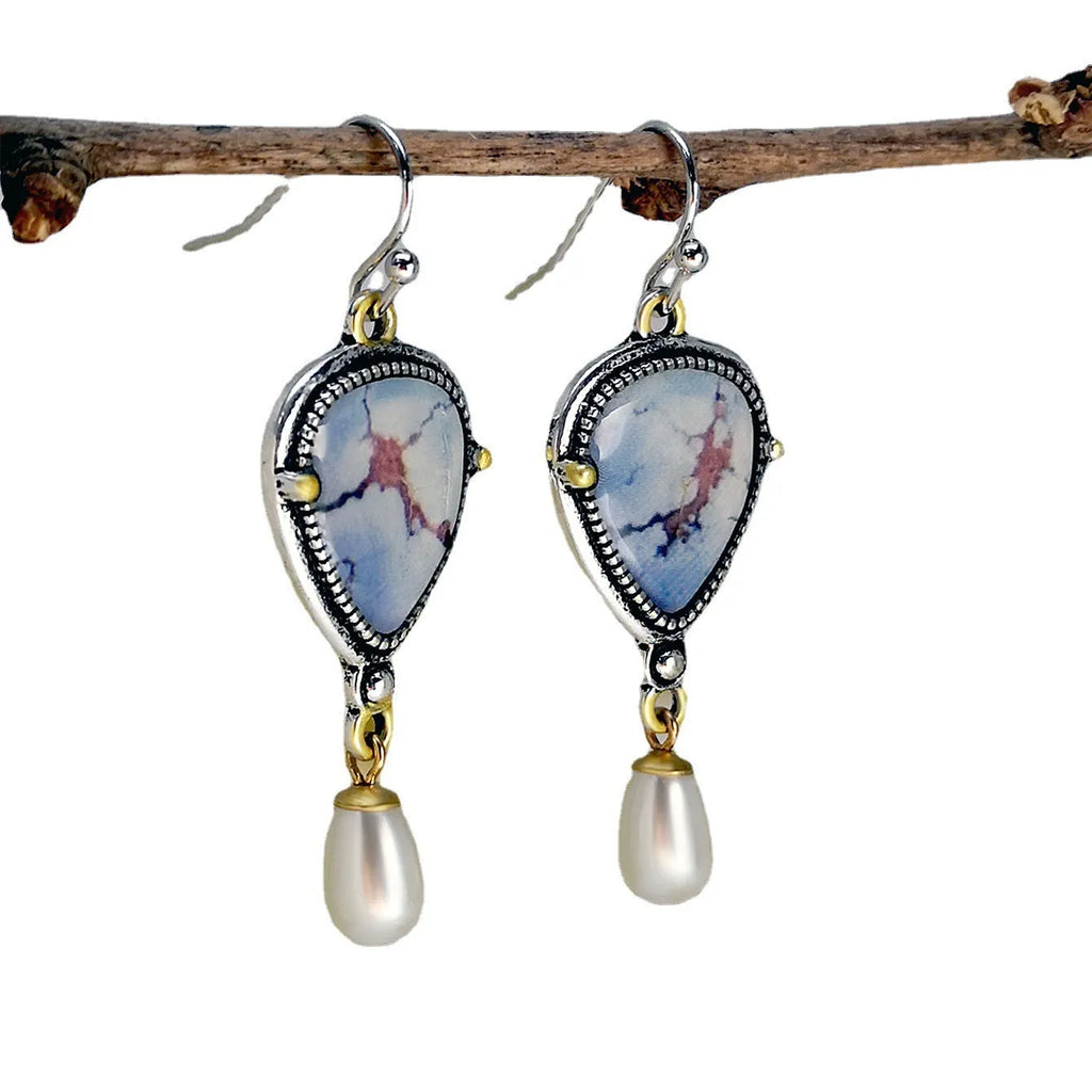 Retro blue geometric drop earrings with synthetic opal and pearl on metal setting