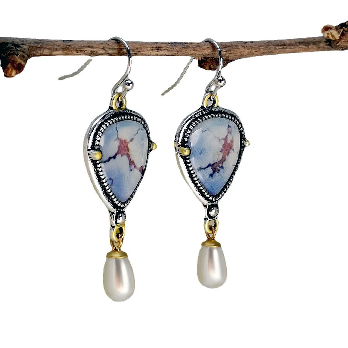 Retro blue geometric drop earrings with synthetic opal and pearl on metal setting