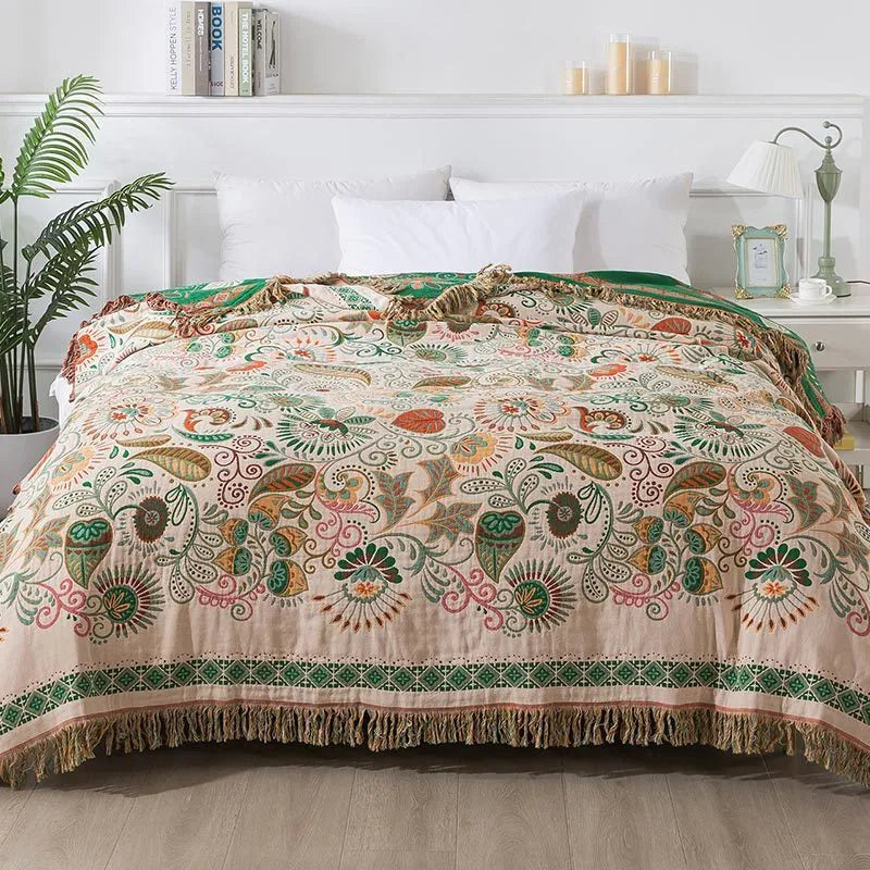 Pure cotton gauze towel quilt with tassels in dark green and red colour option, 150x200cm size