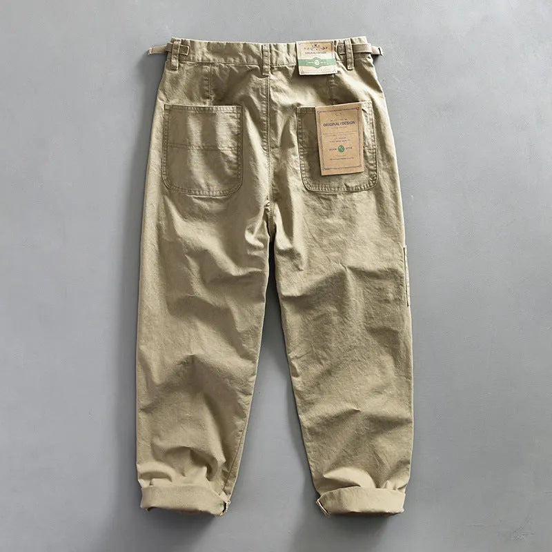 Men's straight leg cotton work trousers in apricot, army green and brown colours