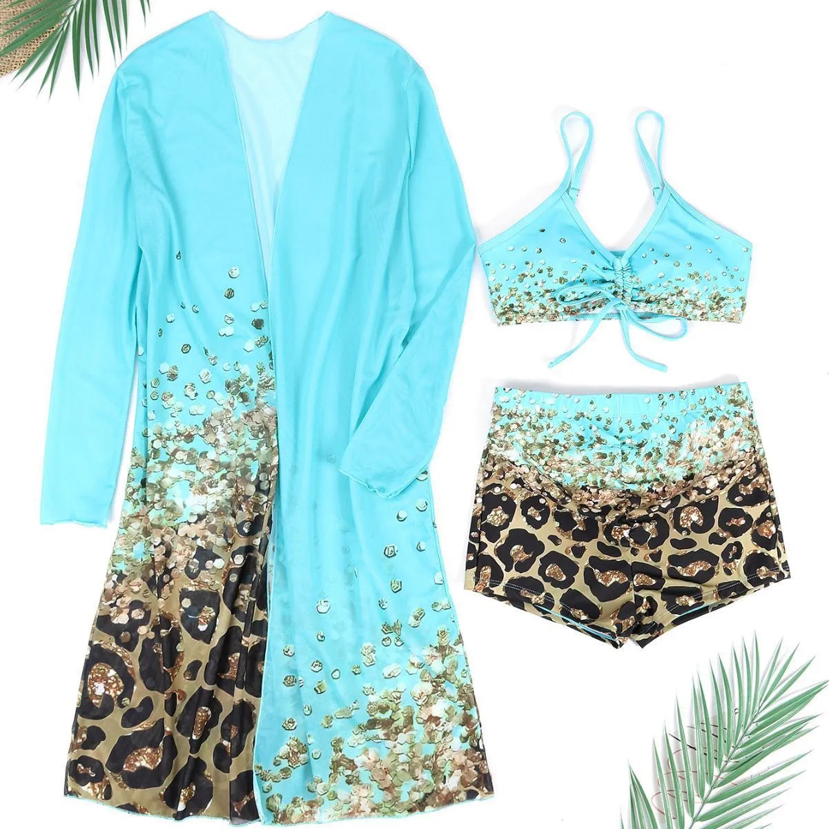 Women's lake blue polyester swimsuit set with high-waisted briefs, sleeveless top, and matching coat.