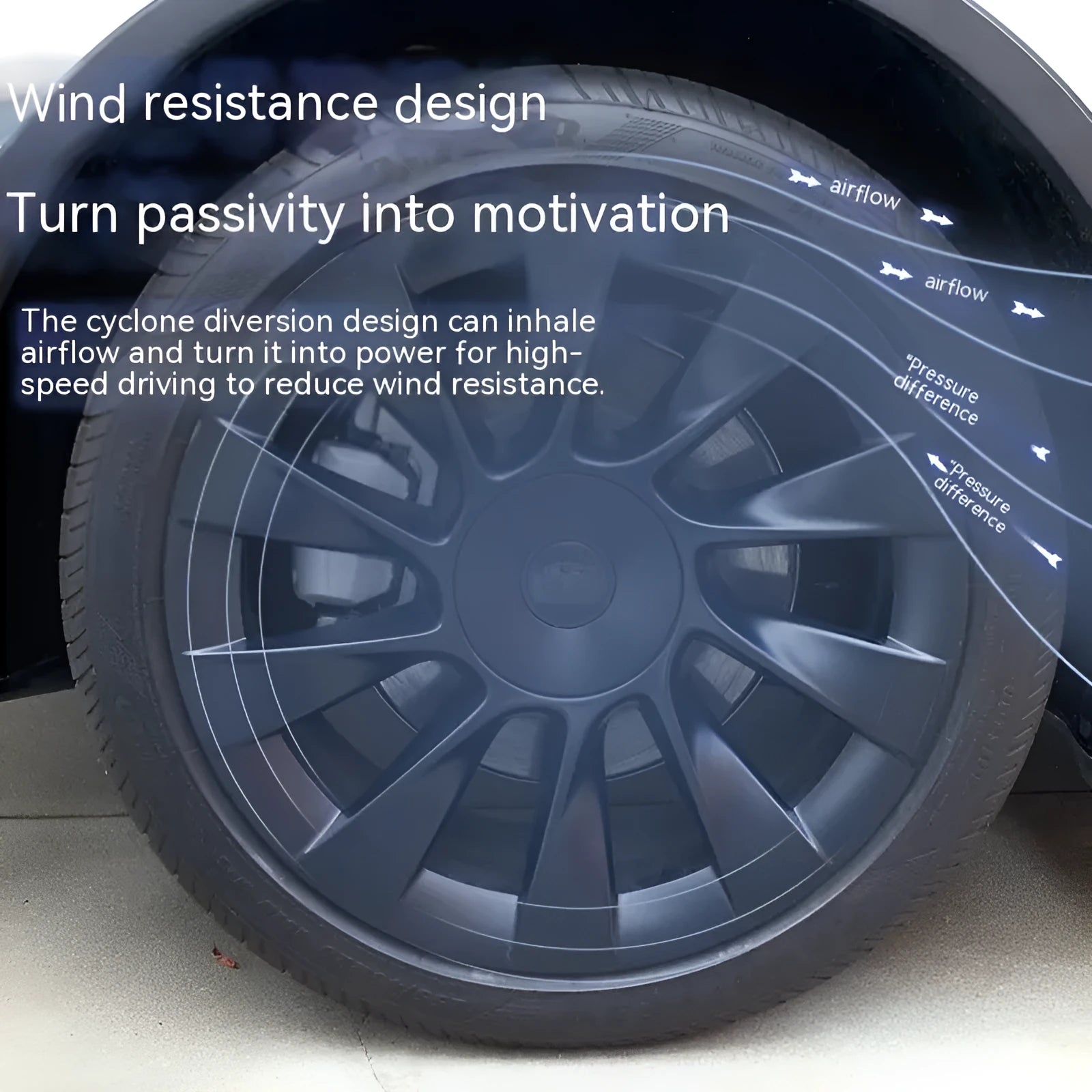 Set of four plastic Tesla Model Y wheel hub covers in black, white, red, and carbon fibre pattern.