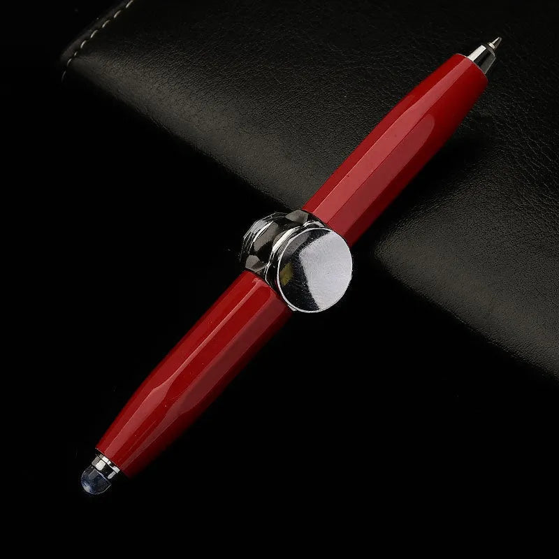 Metal gyro ballpoint pen with LED lights shown spinning, 10.5 cm long.