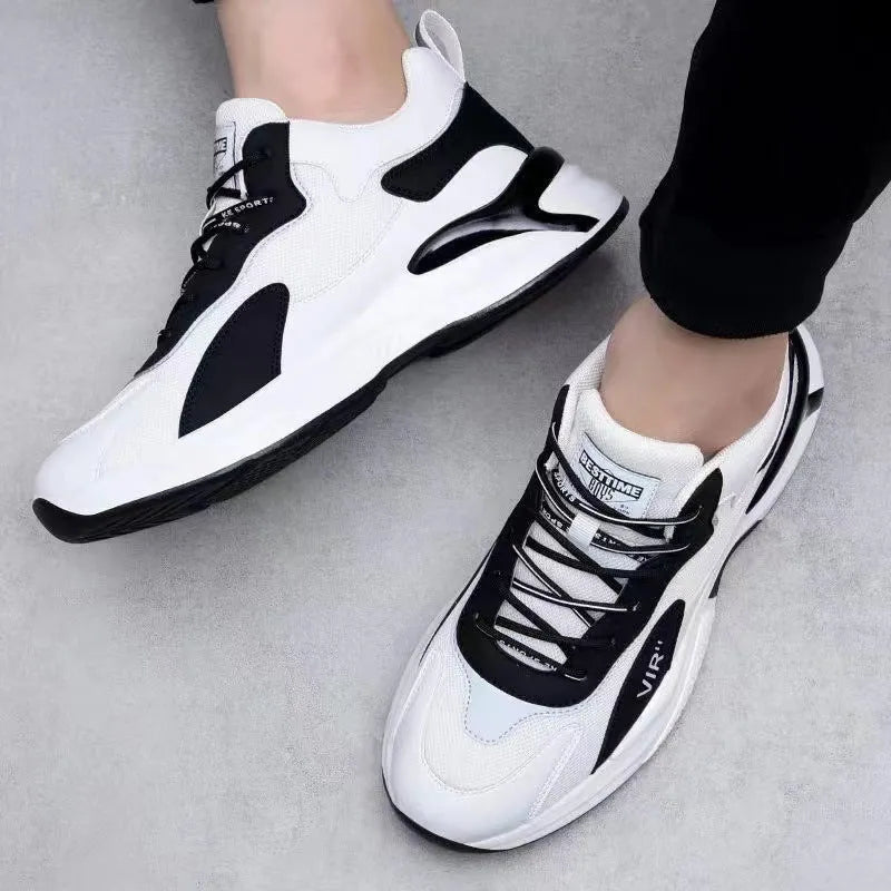 Black white lace-up sneakers for men with synthetic leather upper and mesh lining