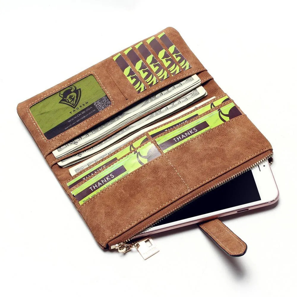 Retro matte long zip wallet for women in multiple colours, showing interior card slots and phone pocket.
