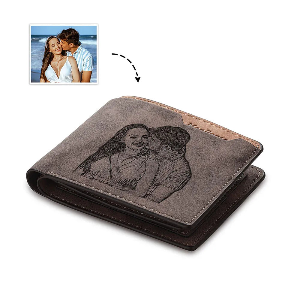 Coffee coloured horizontal PU leather men's wallet with a space for personalised photo engraving.