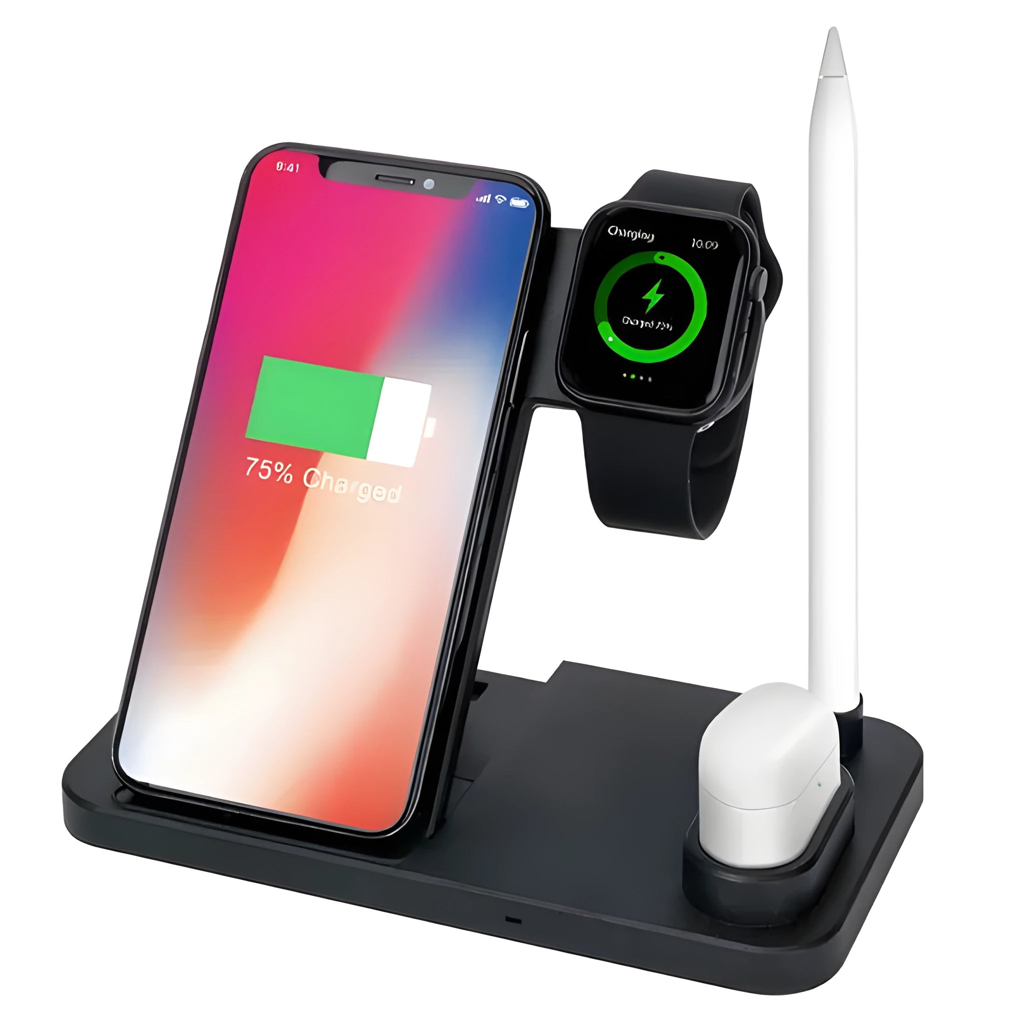 Black 4-in-1 wireless charger with magnetic phone stand charging an iPhone, Apple Watch, and AirPods.