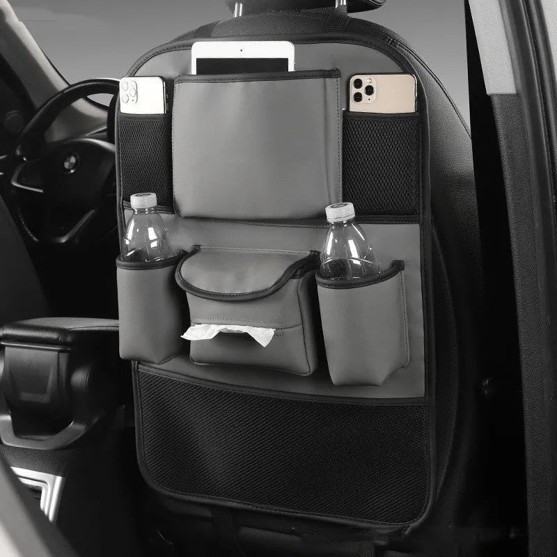 Leather car seat back storage bag in black grey green or brown hanging behind vehicle seat